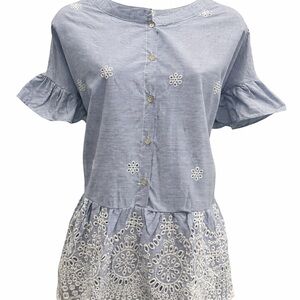 Elegant Blue Blouse with White Lace Detail